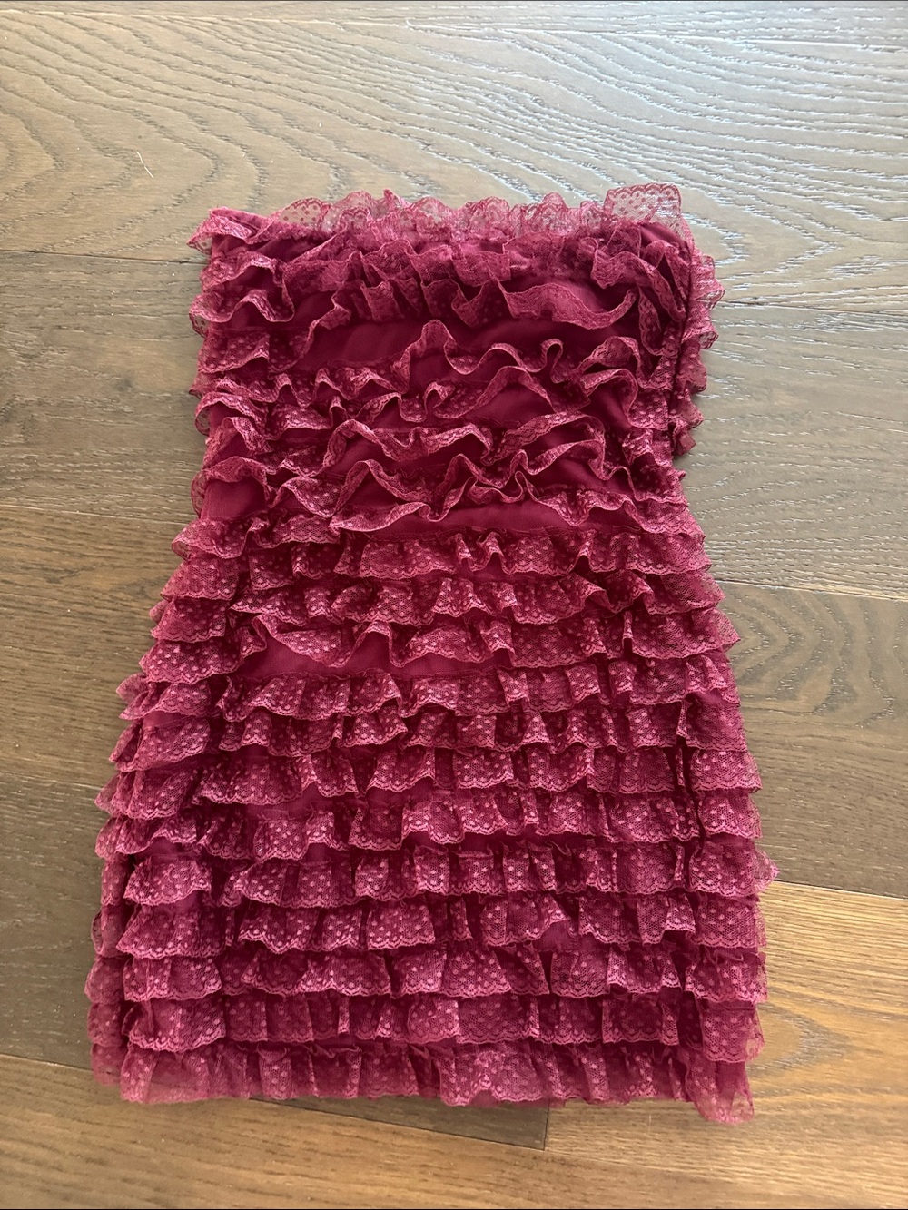 Edikted Wine Ruffle Mini Strapless Dress